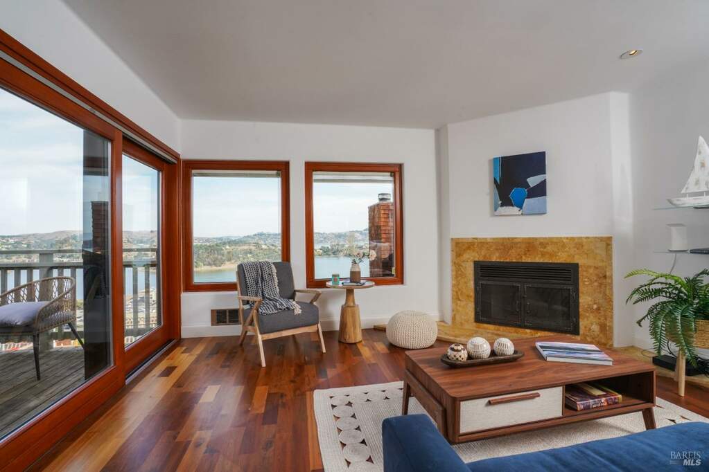 Living room with views of Bay & Tiburon, at 294 Headlands Court, Sausalito, CA 94965