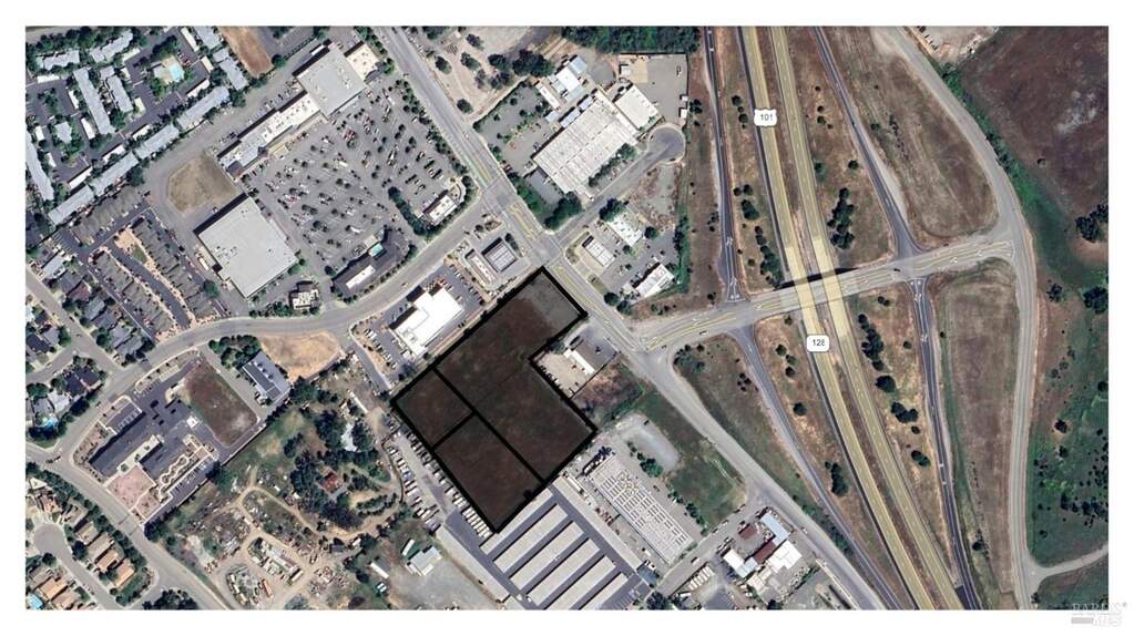 Aerial of Subject Property. 5 acres with 210 feet of frontage on South Cloverdale Blvd. at 1201 S Cloverdale Boulevard, Cloverdale, CA 95425