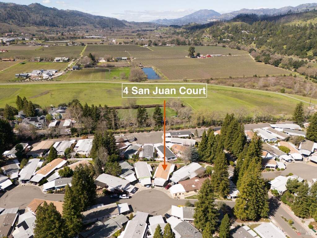Ariel view of the Vineyard Valley 55+ Park looking north with 4 San Juan Court location highlighted. at 4 San Juan Court, St. Helena, CA 94574